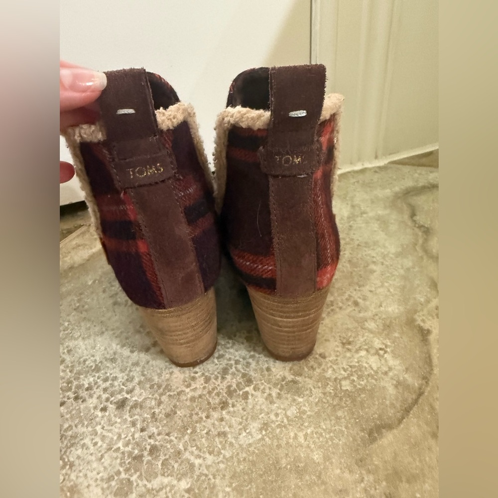 TOMS Red and Brown Plaid Heeled Boots